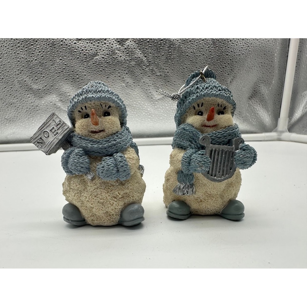 Vintage 1998 Encore GroupPowder Snowman Figurine Noel Harp Blue 2pc Set Ornament